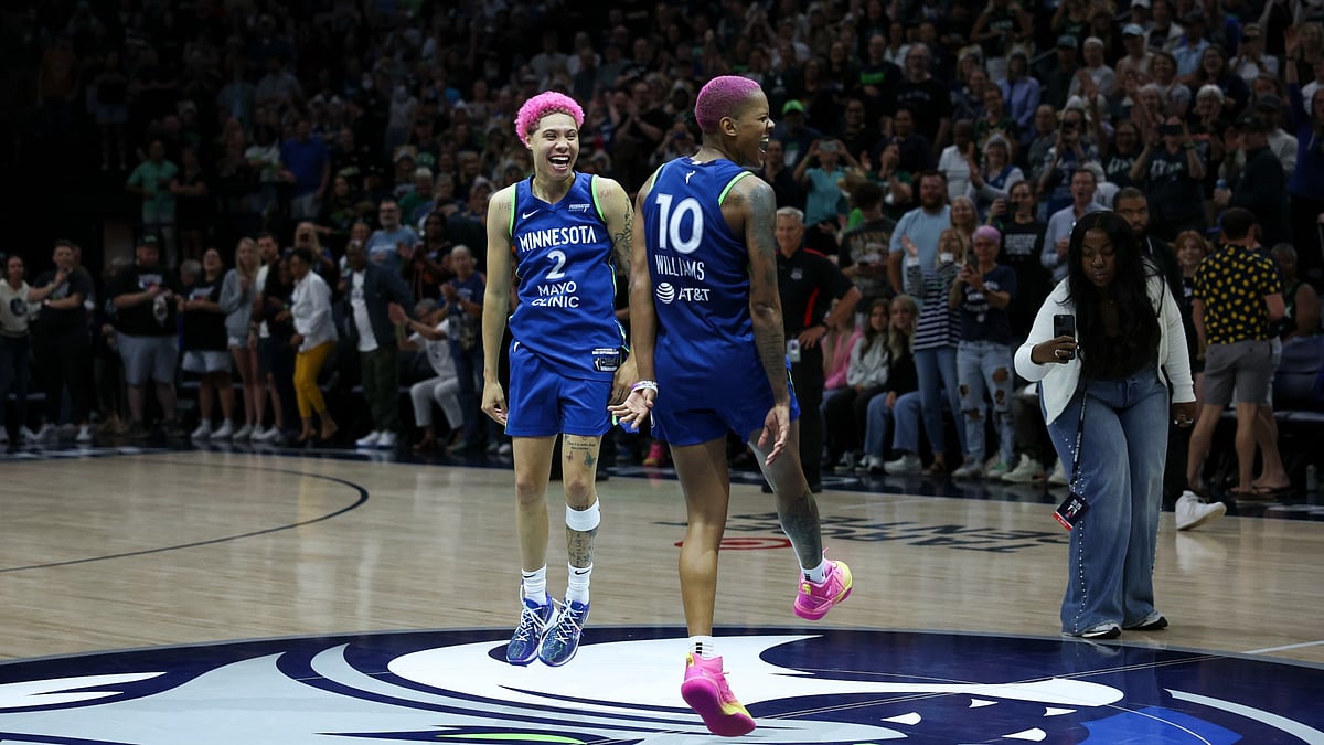 Natisha Hiedeman (left) and Courtney Williams celebrate the Minnesota Lynx's win over the New York Liberty on Aug. 16, 2025.