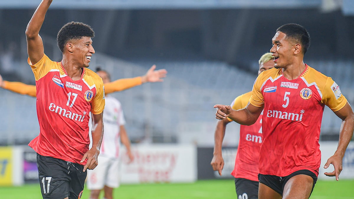 | Photo: Durand Cup : Mohun Bagan vs East Bengal, Durand Cup 2025: Hamid Ahadad celebrates with Lalchungnunga after scoring against Namdhari FC in the Group A fixture.