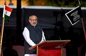 Raju Shinde/Hindustan Times via Getty Images : Maharashtra Governor CP Radhakrishnan at the ceremonial parade celebrating 66th Maharashtra Day at Shivaji Park, Dadar, on May 1, 2025 in Mumbai.