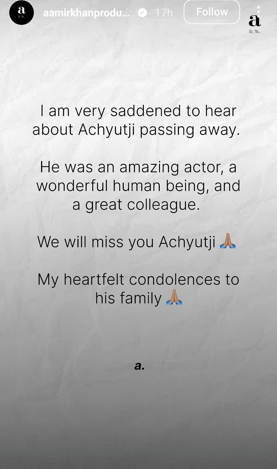 Aanir Khans post for Achyut Potdar