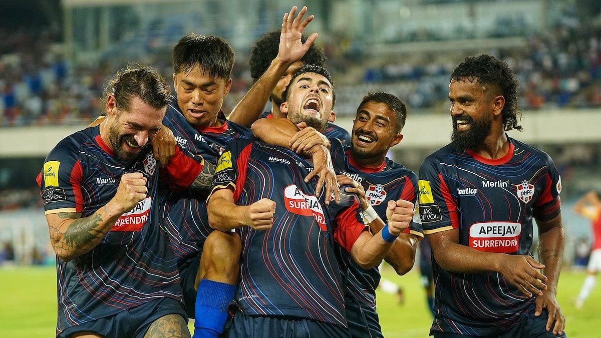 Photo: Durand Cup : Diamond Harbour vs East Bengal Highlights, Durand Cup 2025: DHFC players celebrate a goal in Kolkata.