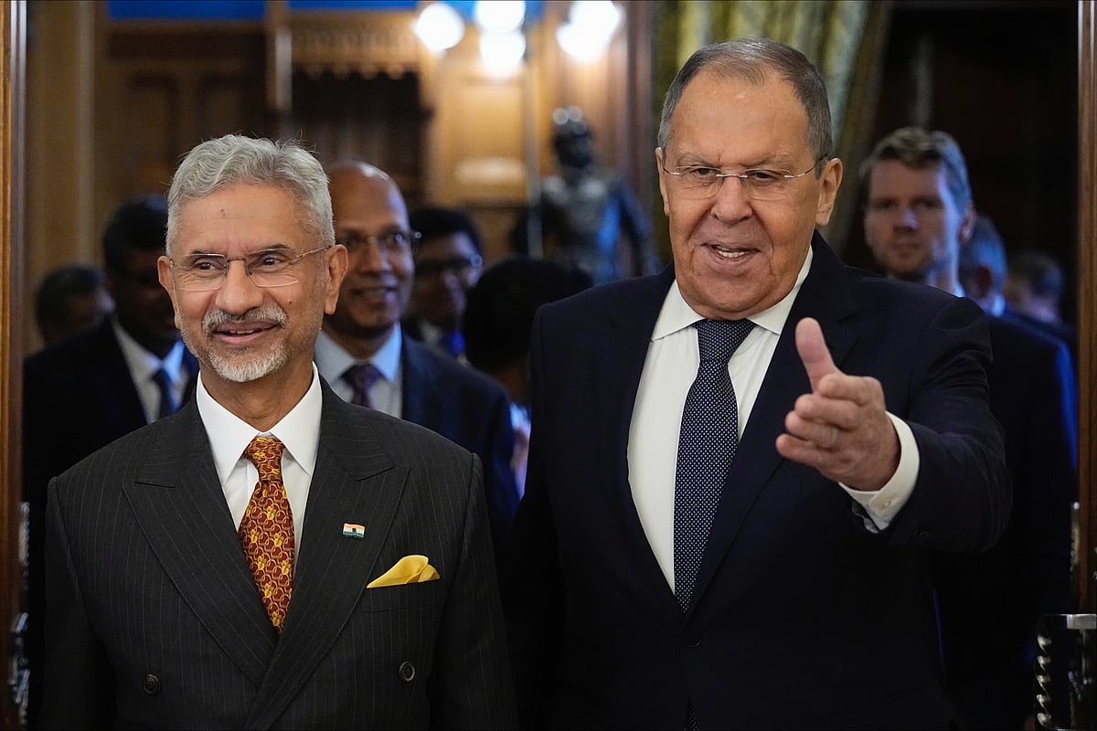 Russia's Foreign Minister Sergey Lavrov, right, and India's Foreign Minister Subrahmanyam Jaishankar, front left, enter a hall for their talks at Zinaida Morozova's Mansion in Moscow, Russia, Thursday
 - PTI