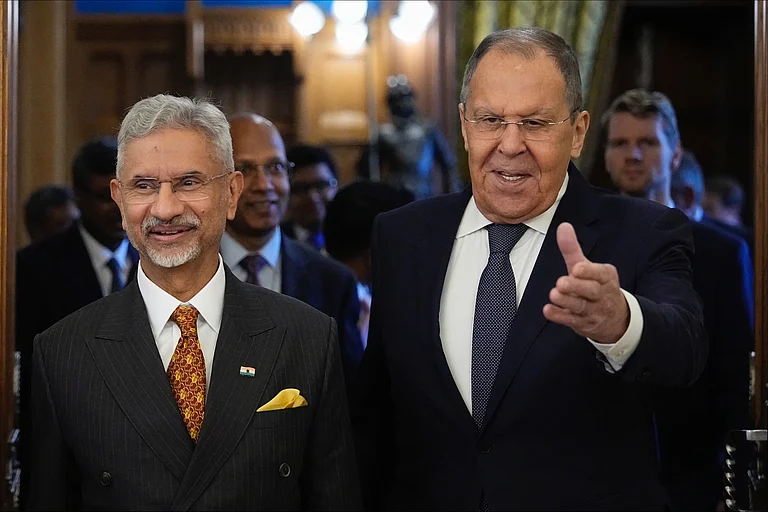 Russia's Foreign Minister Sergey Lavrov, right, and India's Foreign Minister Subrahmanyam Jaishankar, front left, enter a hall for their talks at Zinaida Morozova's Mansion in Moscow, Russia, Thursday
- PTI