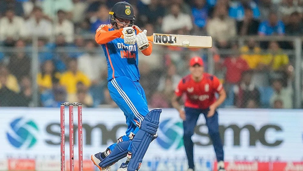 | Photo: AP/Rafiq Maqbool : IND vs ENG 5th T20I: India's Abhishek Sharma plays a shot
