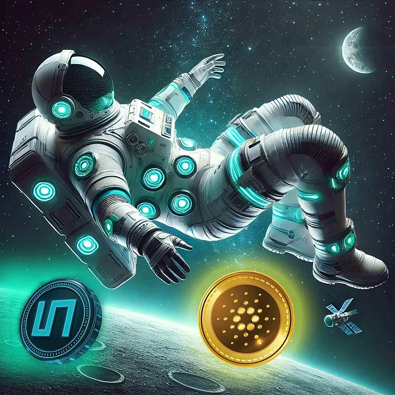 Astronaut floating in space with digital coins and satellite