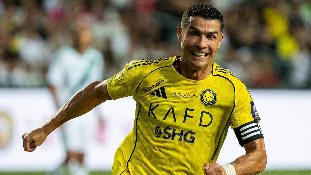 Al Nassr's Cristiano Ronaldo in action during the Saudi Super Cup final against Al Ahli at the Hong Kong Stadium. - AP