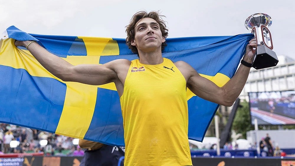 Photo: Michael Buholzer/Keystone via AP : The win is Duplantis' fifth overall Diamond League pole vault title, leaving him two short of Renaud Lavillenie's record of seven.