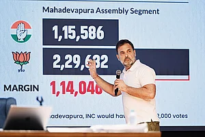 | Photo: Getty Images : Number Crunching: Rahul Gandhi explaining the “vote theft” situation at a press conference