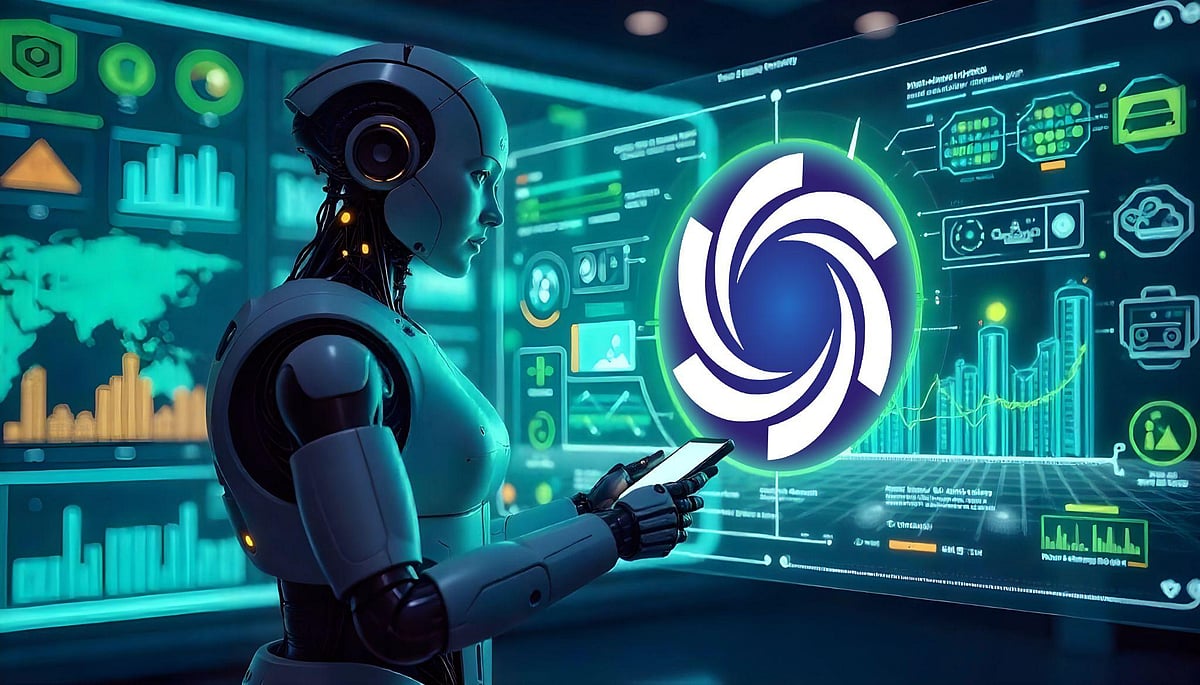 A robot looking at the Ozak AI logo on a digital screen