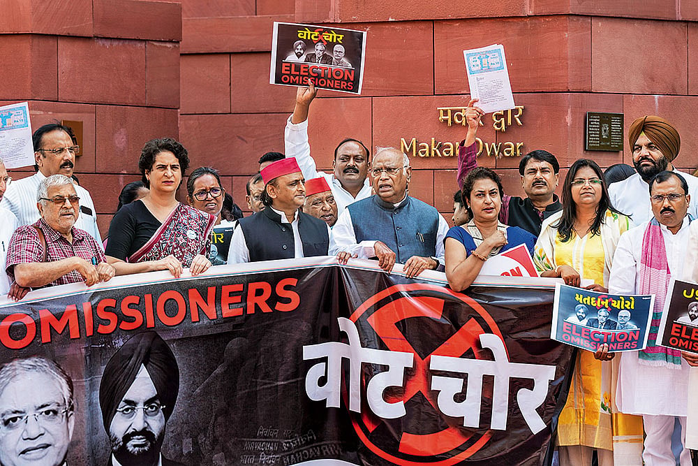 Photo: PTI : One Voice: MPs from the INDIA bloc participate in a protest against the EC’s SIR of electoral rolls in Bihar 