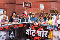 Photo: PTI : One Voice: MPs from the INDIA bloc participate in a protest against the EC’s SIR of electoral rolls in Bihar 