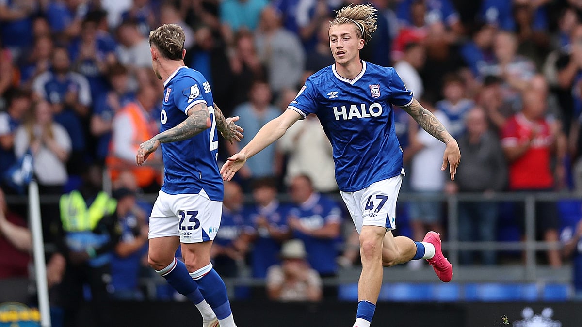 Harry Clark celebrates after scoring for Ipswich Town against Derby County.