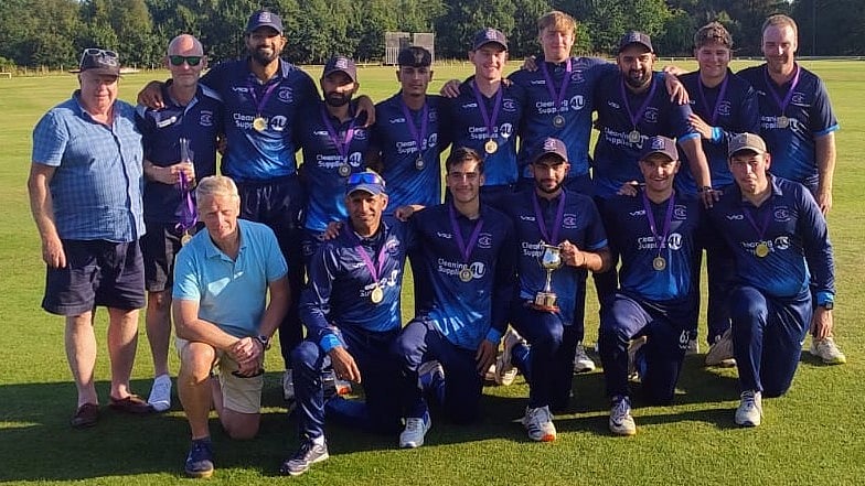 | Photo: X/CricketScotland : The Scotland cricket team poses ahead of the ICC Cricket World Cup League 2 match against Canada.