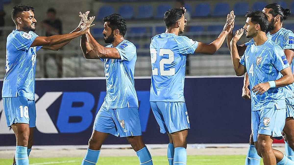 | Photo: X/IndianFootball : Indian national team players in action against Tajikistan in the CAFA Nations Cup 2025.