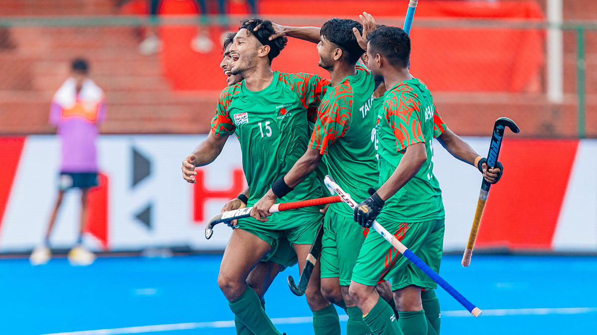| Photo: X/asia_hockey : Bangladesh players celebrate after scoring against Chinese Taipei in the Hockey Asia Cup 2025.