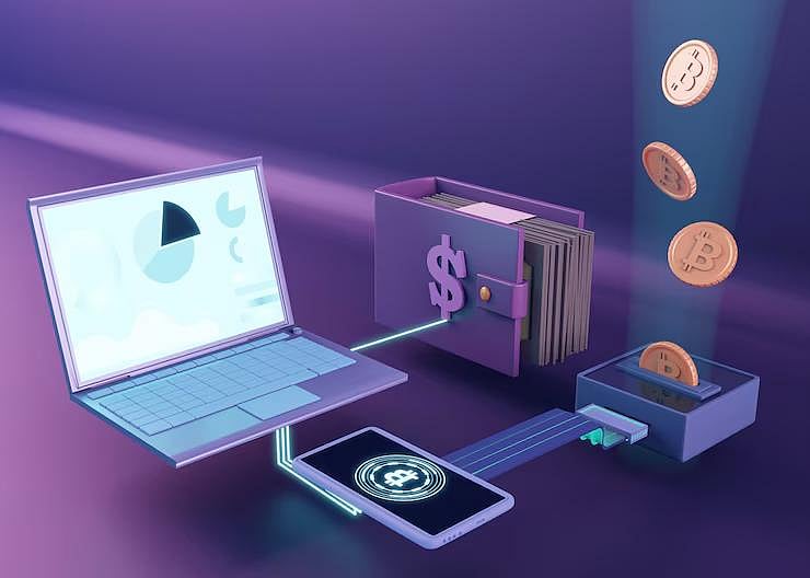 Cryptocurrency wallet with laptop, phone, and digital coins