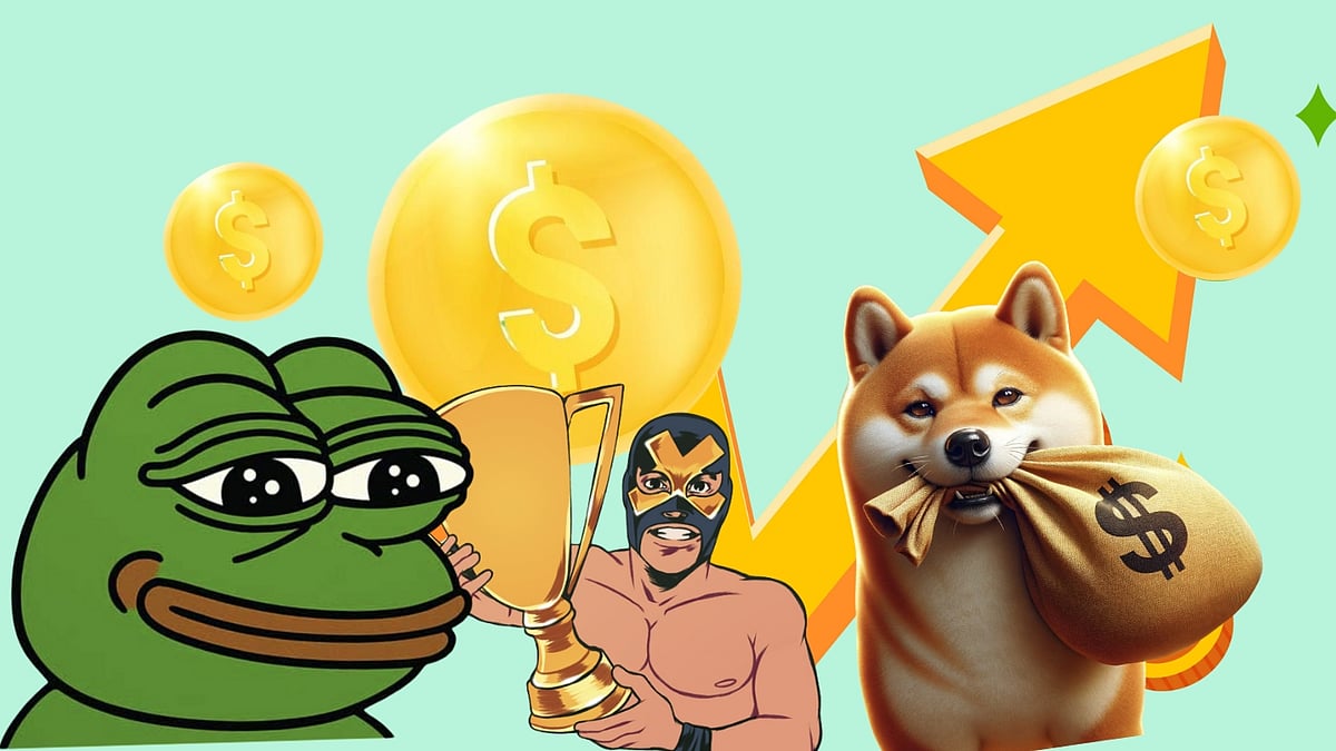Pepe, masked wrestler with trophy, and Shiba Inu with money bag illustration