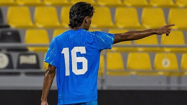| Photo: X/IndianFootball : Mohammed Sanan in action for India U23 against Bahrain U23.