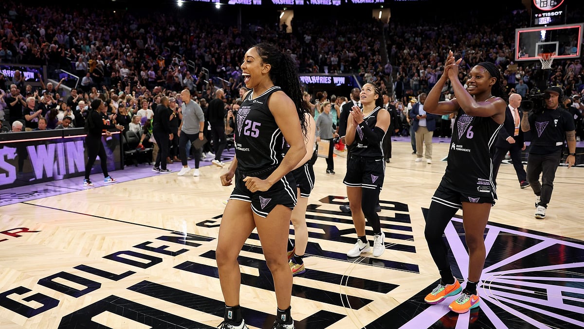 Monique Billings #25 of the Golden State Valkyries reacts after they beat the New York Liberty at Chase Center on September 02, 2025 in San Francisco, California. - null