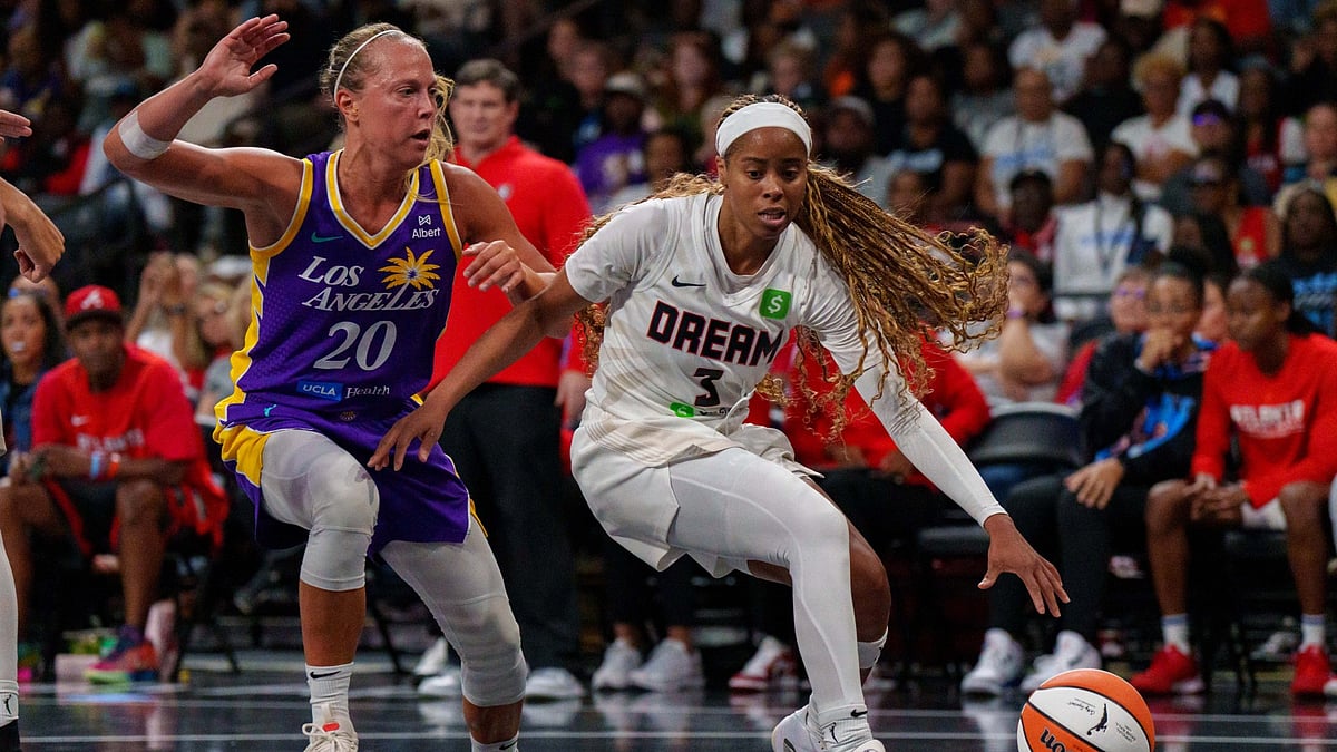 Julie Allemand #20 of the Los Angeles Sparks defends against Jordin Canada #3 of the Atlanta Dream in the second half during the game between Los Angeles Sparks and Atlanta dream at Gateway Center Arena on September 3, 2025 in College Park, Georgia.