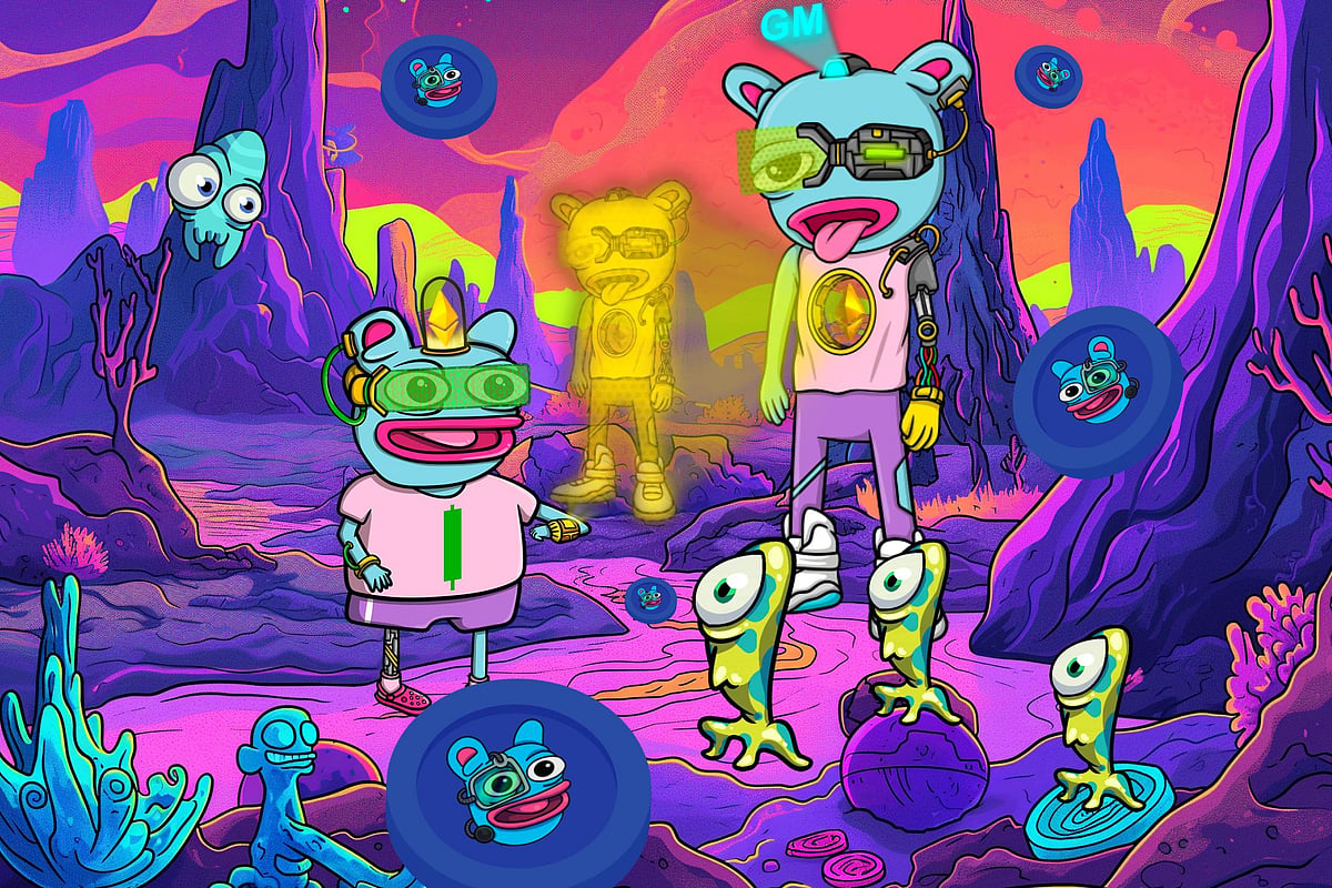 Cartoon characters in a colorful alien world with futuristic outfits