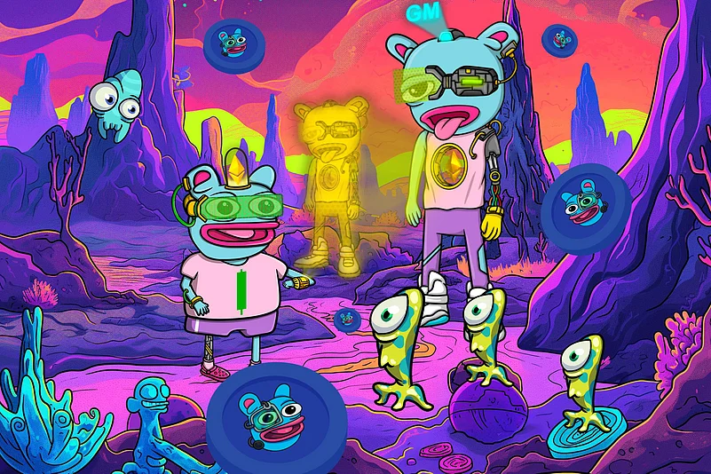 Cartoon characters in a colorful alien world with futuristic outfits