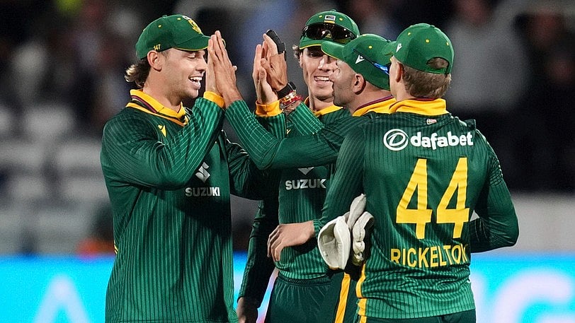 AP : England Vs South Africa Highlights, 2nd ODI: Keshav Maharaj, second right, celebrates with teammates after taking the wicket of Will Jacks at Lord's.