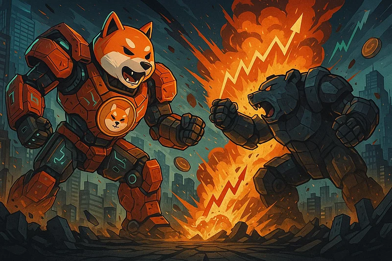Armored Shiba Inu robot fighting a black bear robot in a city explosion scene