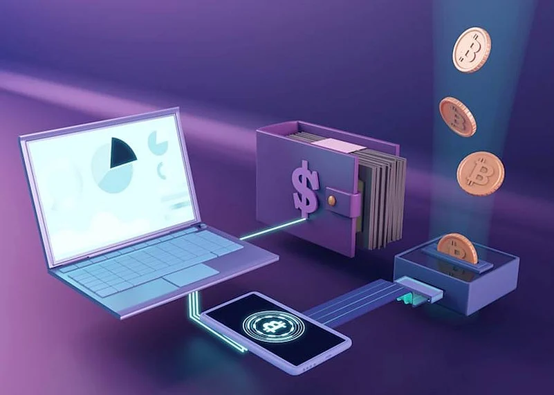 Illustration of digital money transfer showing laptop, smartphone, wallet, and Bitcoin coins