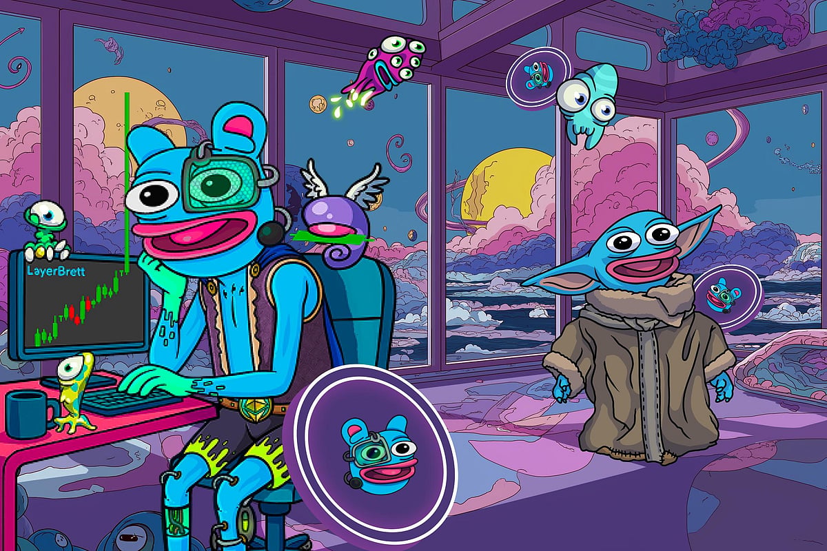 Blue frog-like cartoon in an office with a trading screen