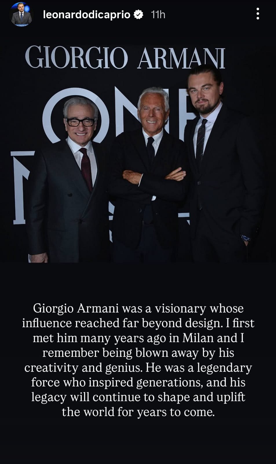 Leonardo DiCaprio pays tribute to Giorgio Armani