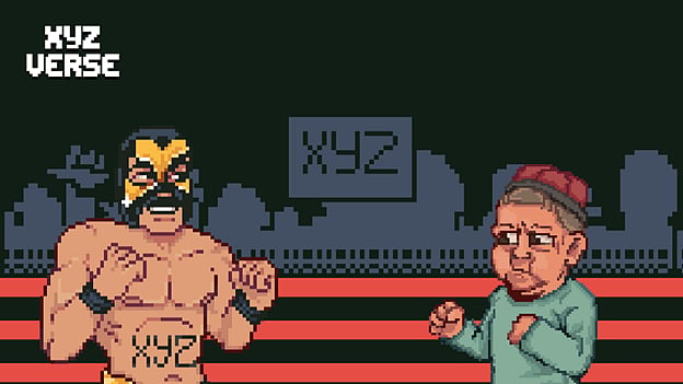 8-bit illustration of a wrestler fighting a dwarf