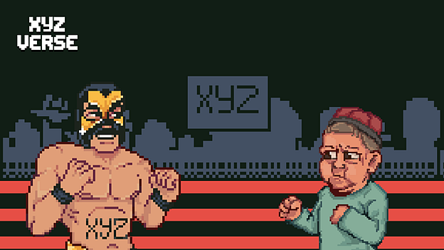 8-bit illustration of a wrestler fighting a dwarf