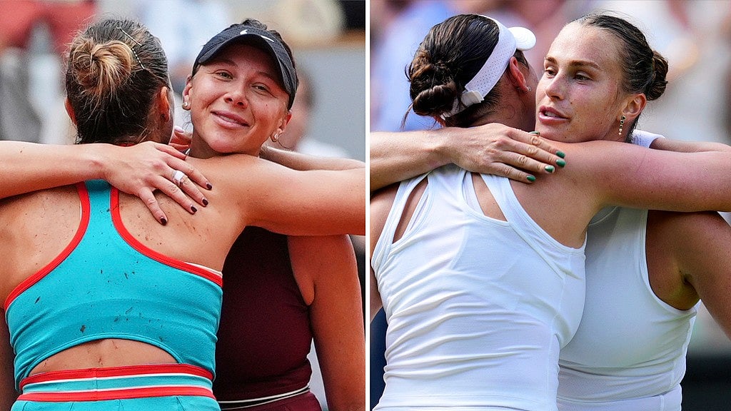 AP : FILE - This combo of file photos shows, left image, United States' Amanda Anisimova, facing camera, embracing Belarus' Aryna Sabalenka after losing at the the French Open tennis tournament on June 1 2025, in Paris; and right image, Sabalenka, facing camera, embracing Anisimova after losing in a semifinal match at Wimbledon