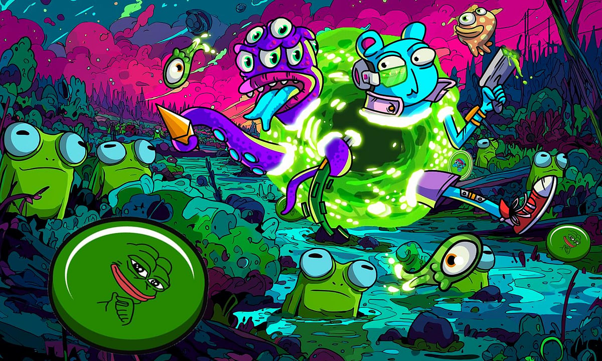 Cartoon Pepe frog characters in a colorful futuristic scene with a glowing portal