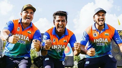 X/worldarchery : The Indian men’s compound archery team of Rishabh Yadav, Aman Saini, and Prathamesh Fuge captured their first-ever World Championships gold, defeating France 235-233 in a thrilling final in Gwangju, Korea.