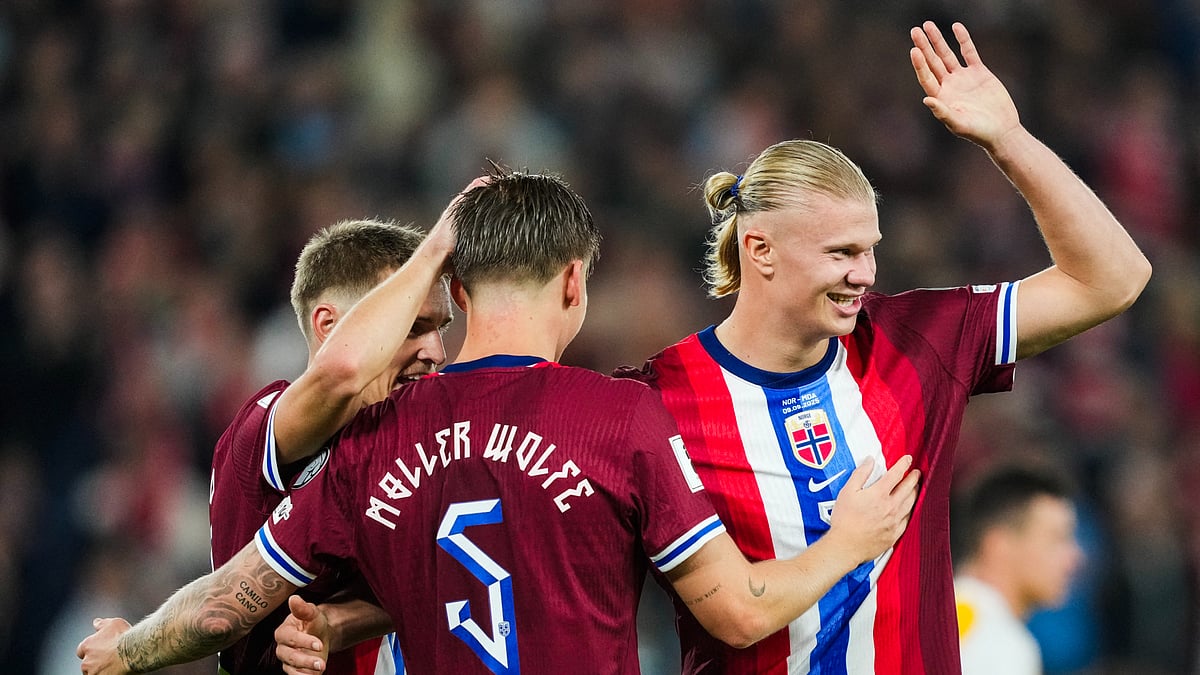 Erling Haaland celebrates after scoring for Norway against Moldova in the FIFA World Cup 2026 European qualifiers.