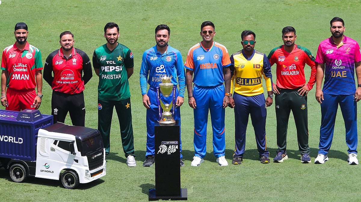 | Photo: X/ACCMedia : The national team captains pose with the ACC Asia Cup 2025 trophy in UAE.