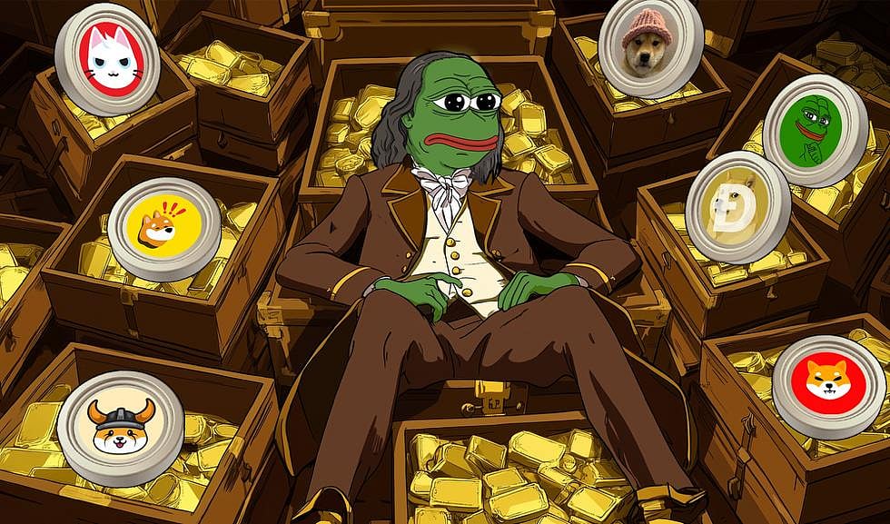 Pepe meme on gold with meme coin logos