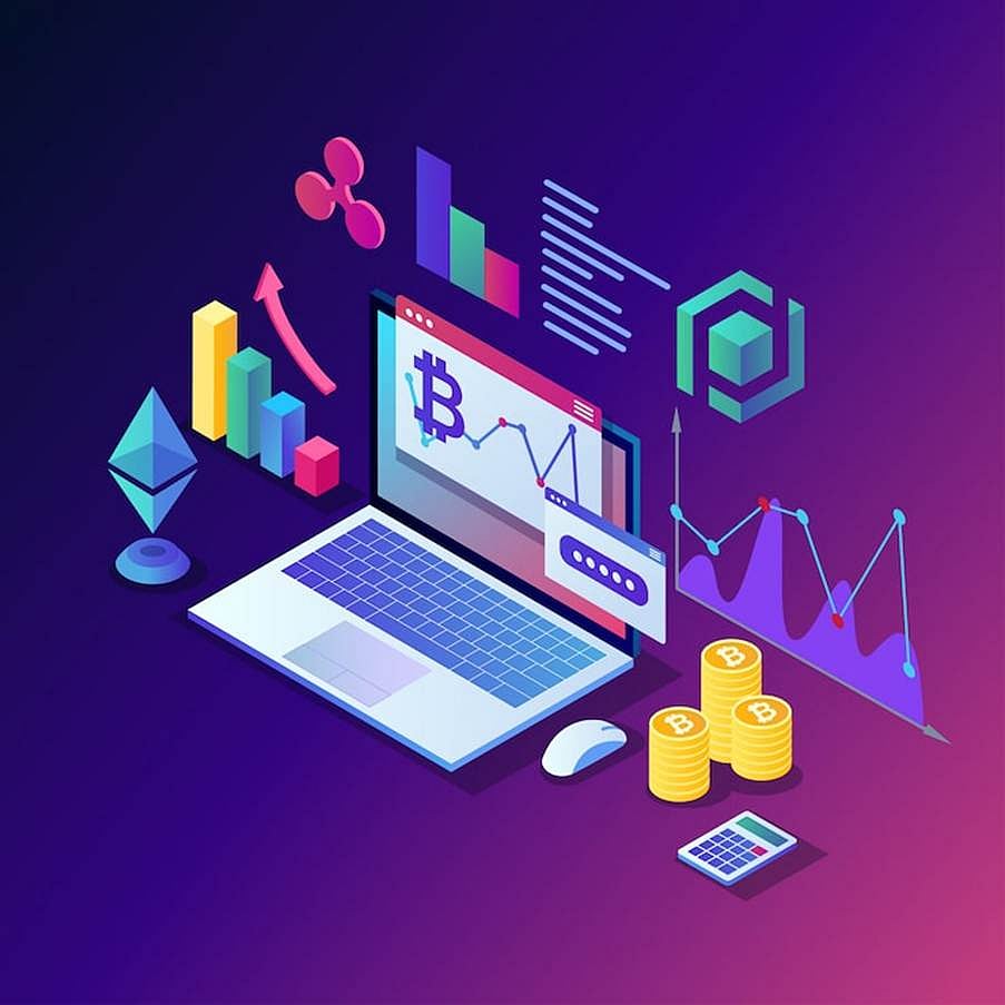 Cryptocurrency trading illustration with laptop, coins, and charts