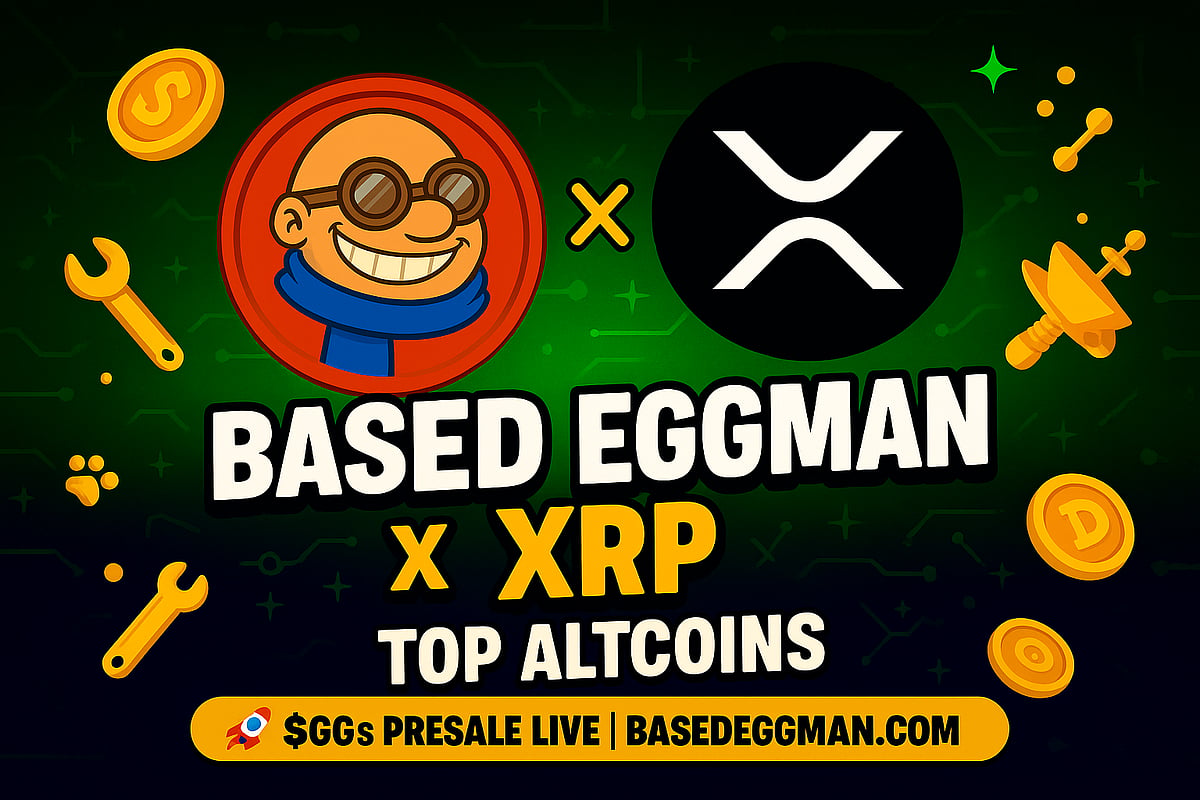 Crypto ad with Based Eggman character, XRPZ, and  $GGS Presale Live text.