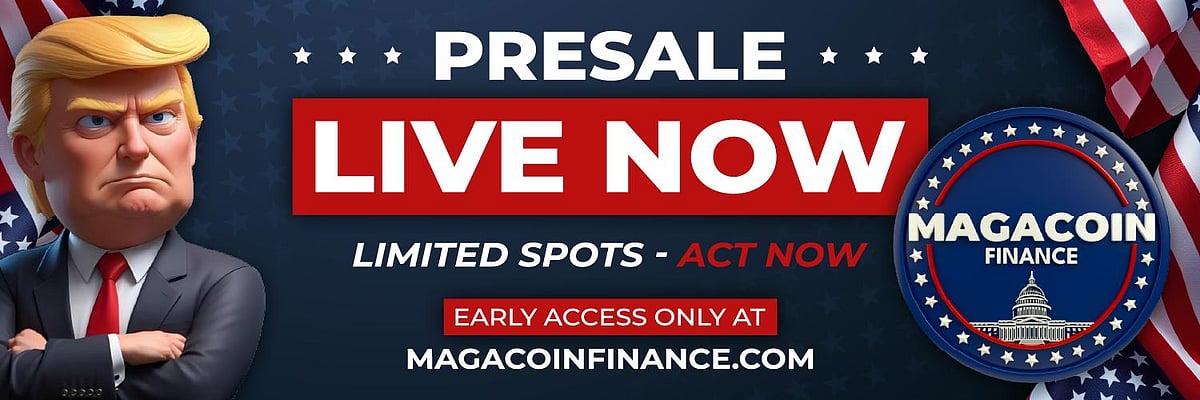 Cartoon Trump with MAGACOIN Finance logo and text promoting live presale at magacoinfinance.com