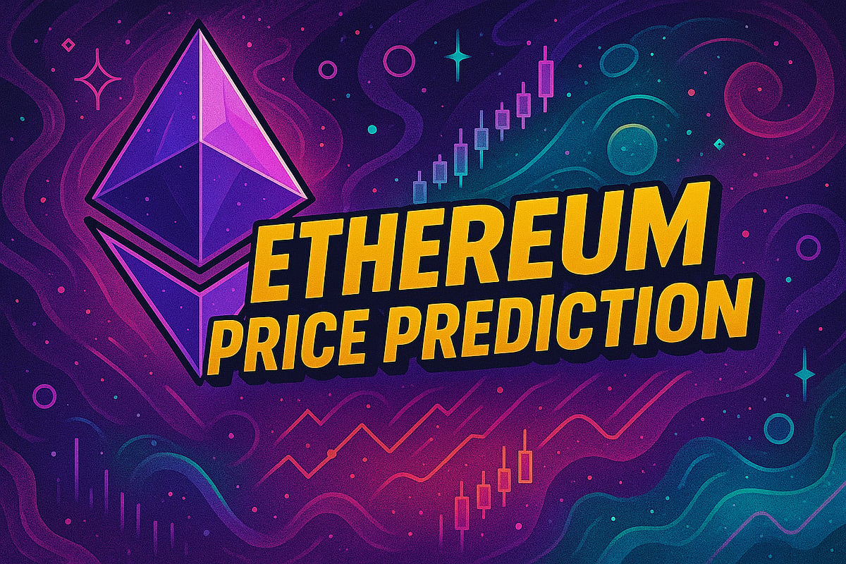 Ethereum price prediction graphic with logo and digital chart background.