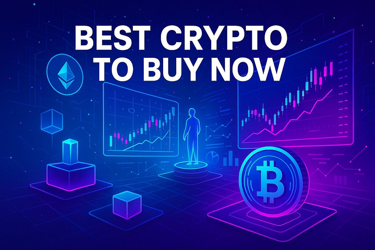 "Best Crypto to buy now" title with Bitcoin and Ethereum symbols