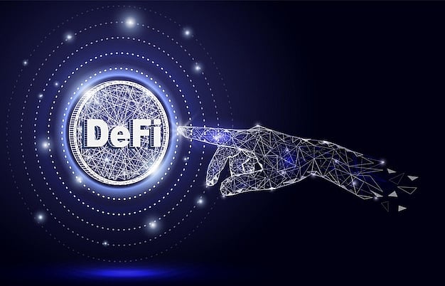 An illustration of a hand pointing to a Defi logo