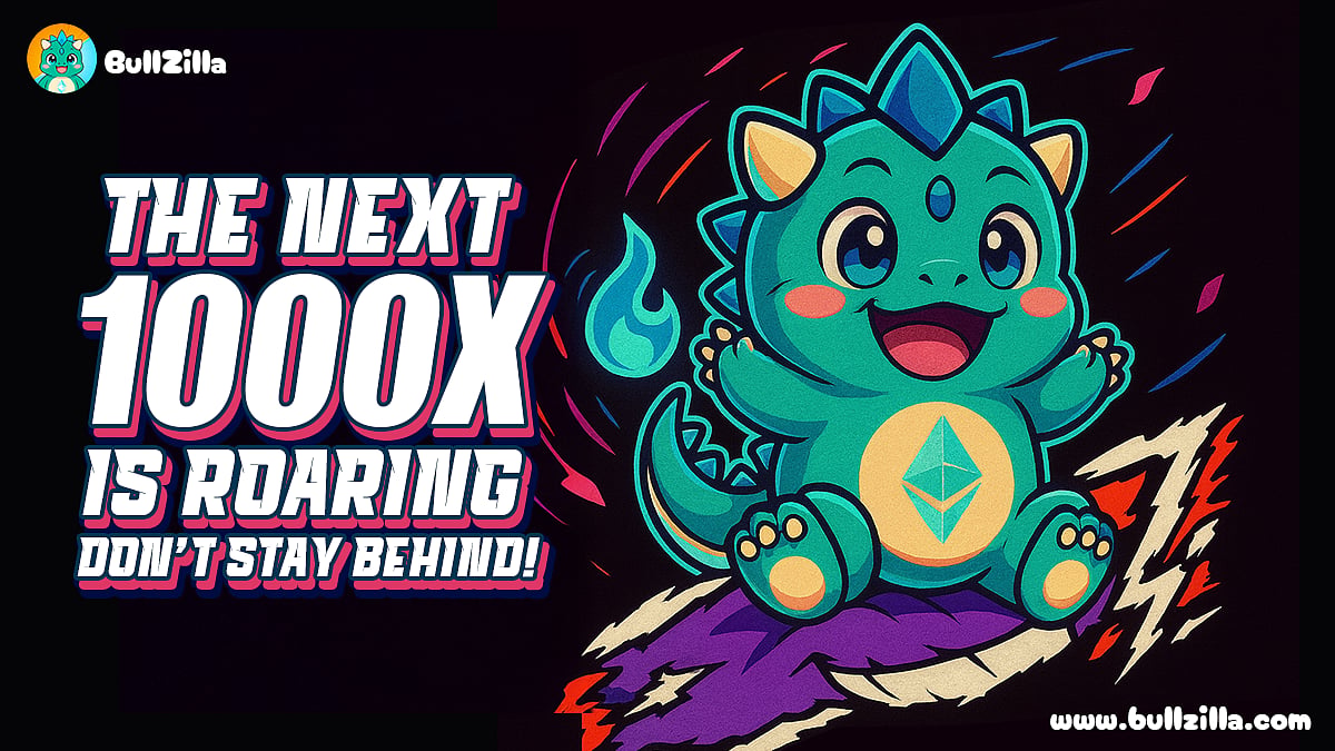 BullZilla ($BZIL) Cartoon characters with text THE NEXT 1000X IS ROARING DONT STAY BEHIND!.