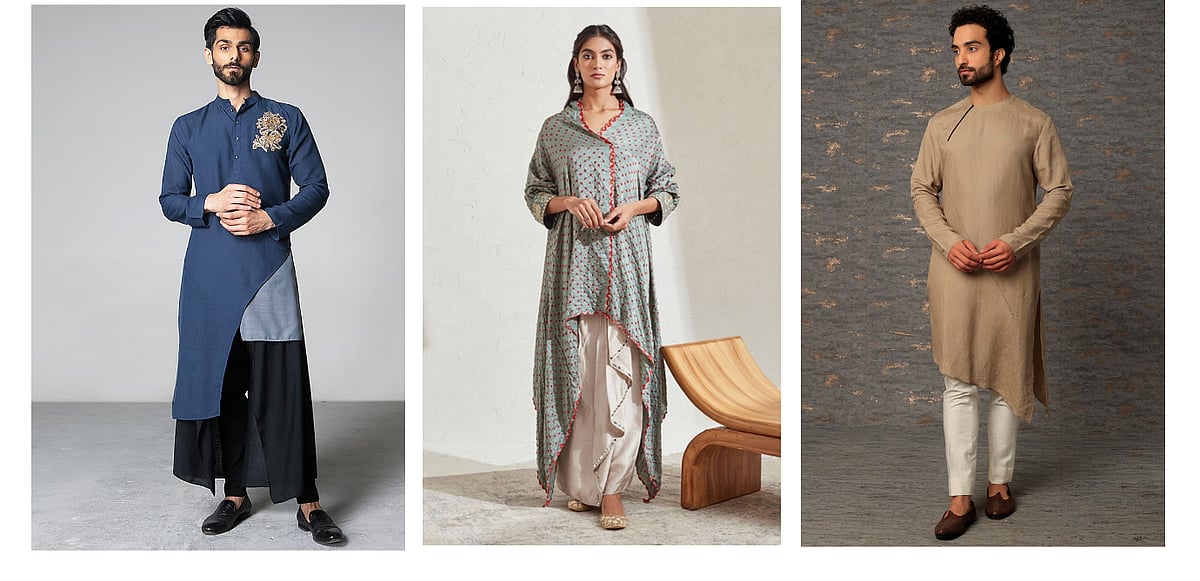 Three models showcase androgynous fashion outfits in different colors and styles.