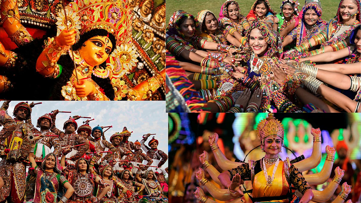 Vibrant collage depicting Navratri celebrations with devotees dancing and Goddess Durga idols