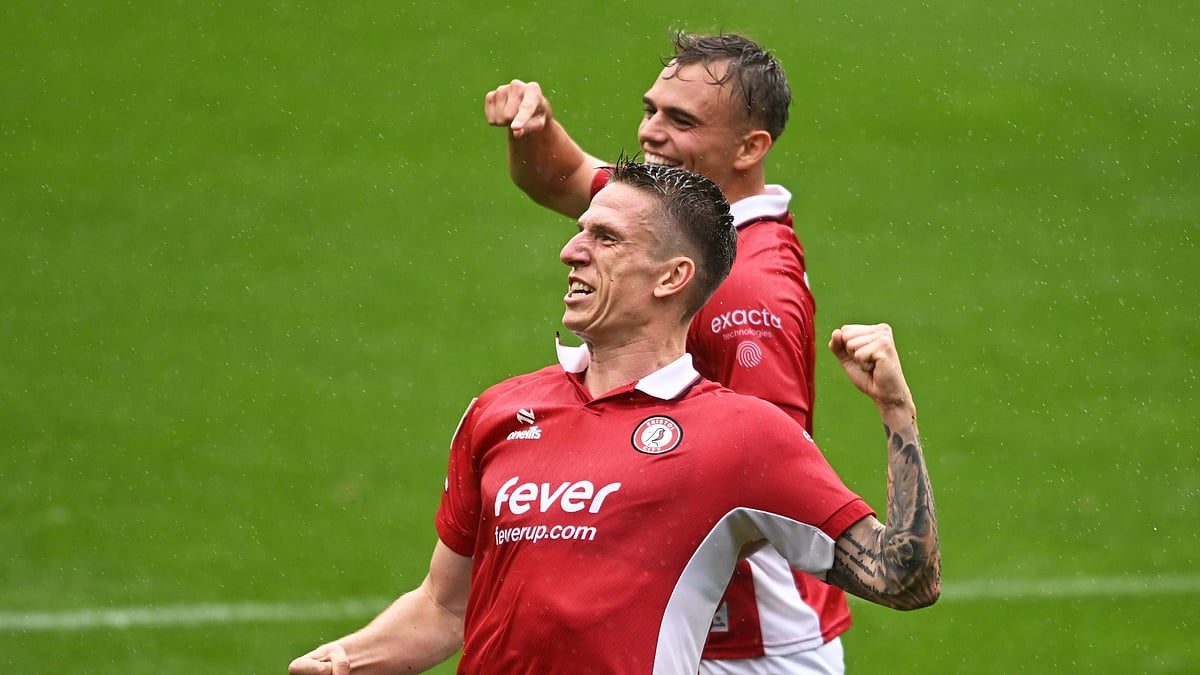 Emil Riis celebrates after scoring for Bristol City against Sheffield Wednesday.