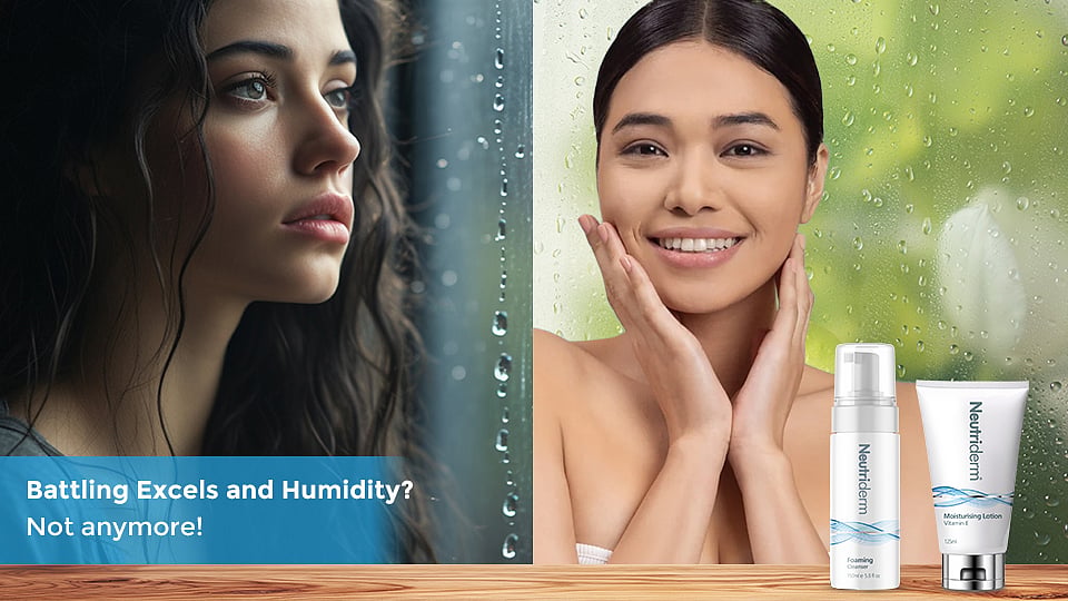 A skincare ad showing a woman with a pensive expression on the left and a happy woman on the right